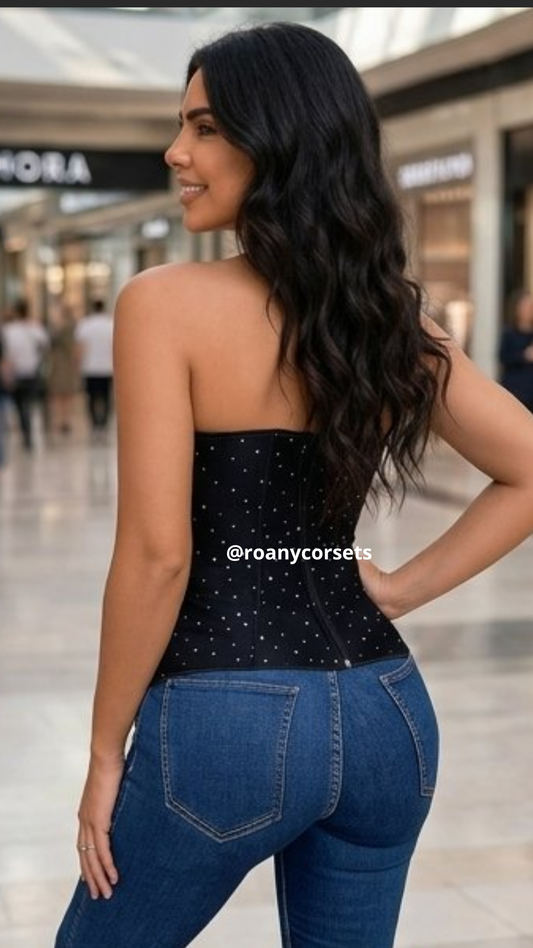 Corset Noir - Corset Negro Strapless con Strass Brillante
