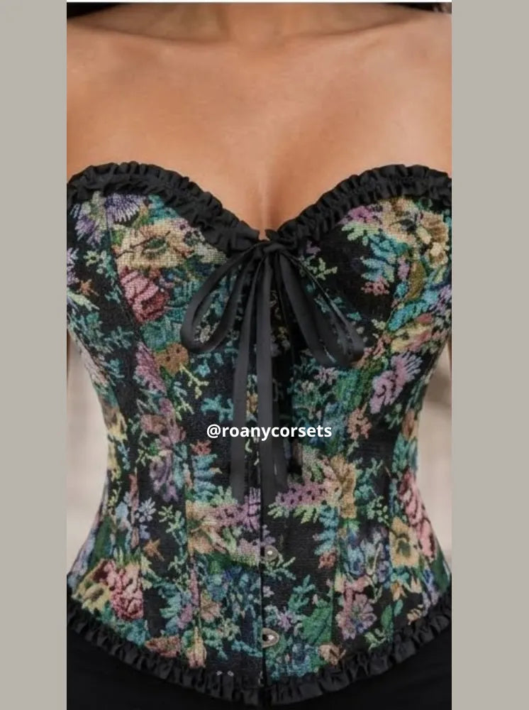 Corset Strapless Negro Botánico con Ribete