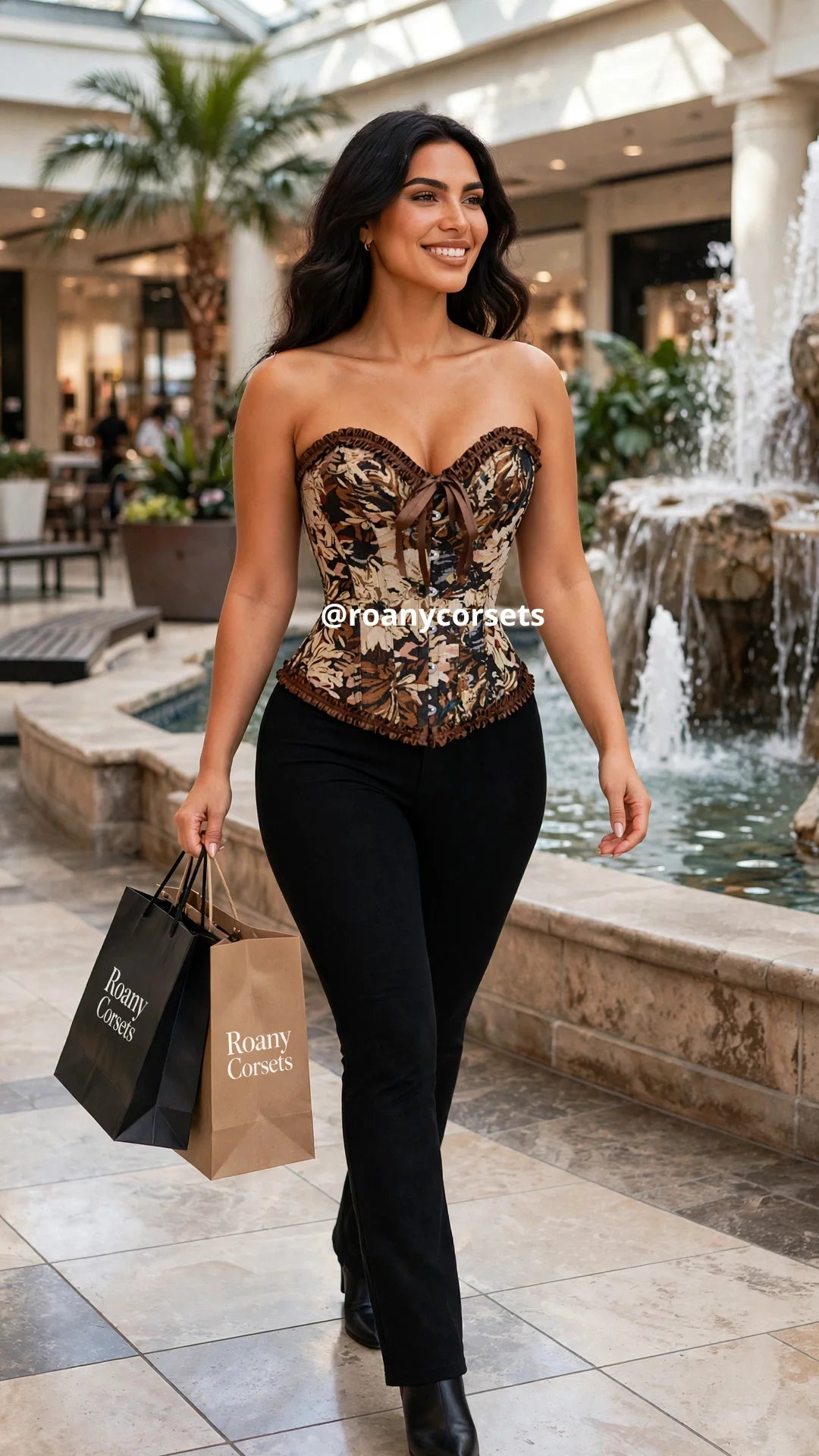 Corset Strapless Floral Marrón con Ribete y Lazo