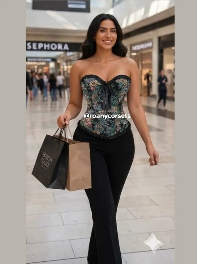 Corset Strapless Negro Botánico con Ribete