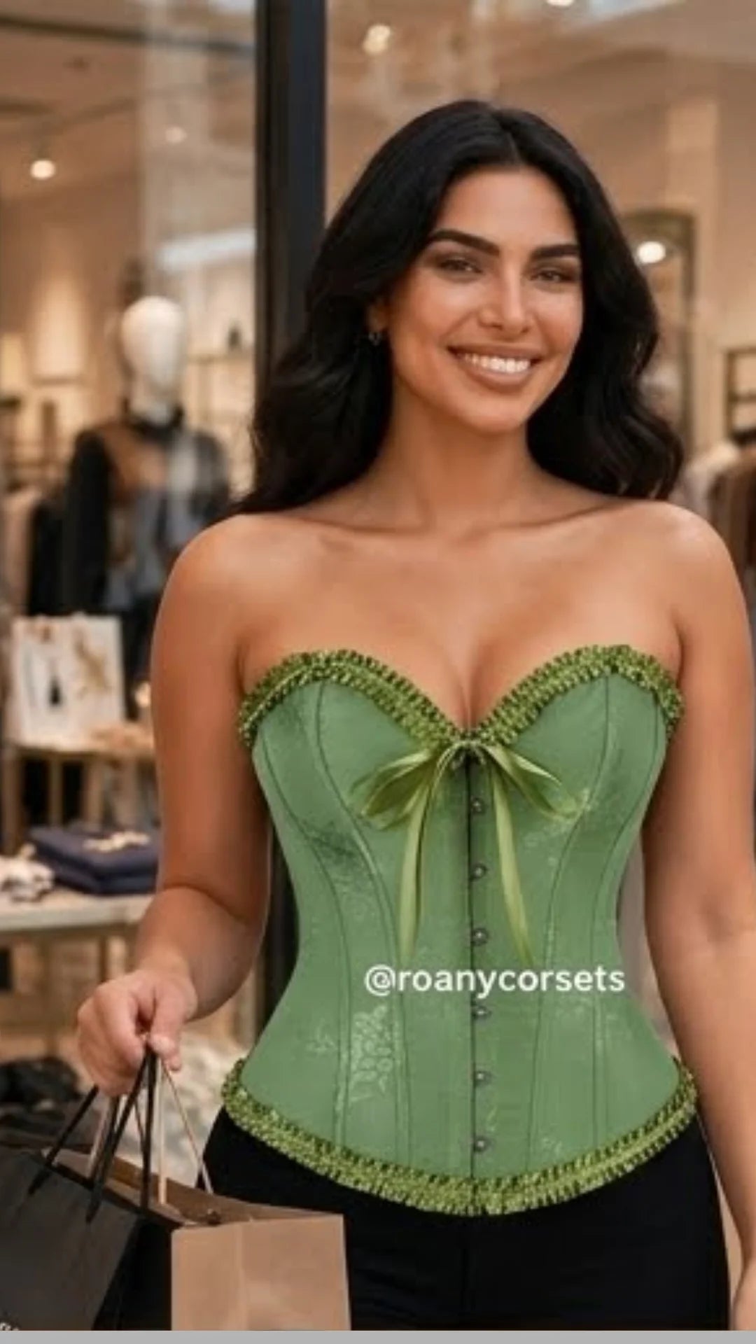 Corset Victoriano Overbust en Tono Verde Olivo/Sabio con Brocado Floral