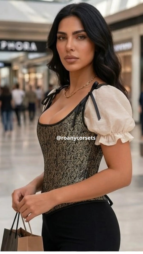 Corset Brocado Dorado y Negro con Lazos - Efecto Cintura | Roany Corsets