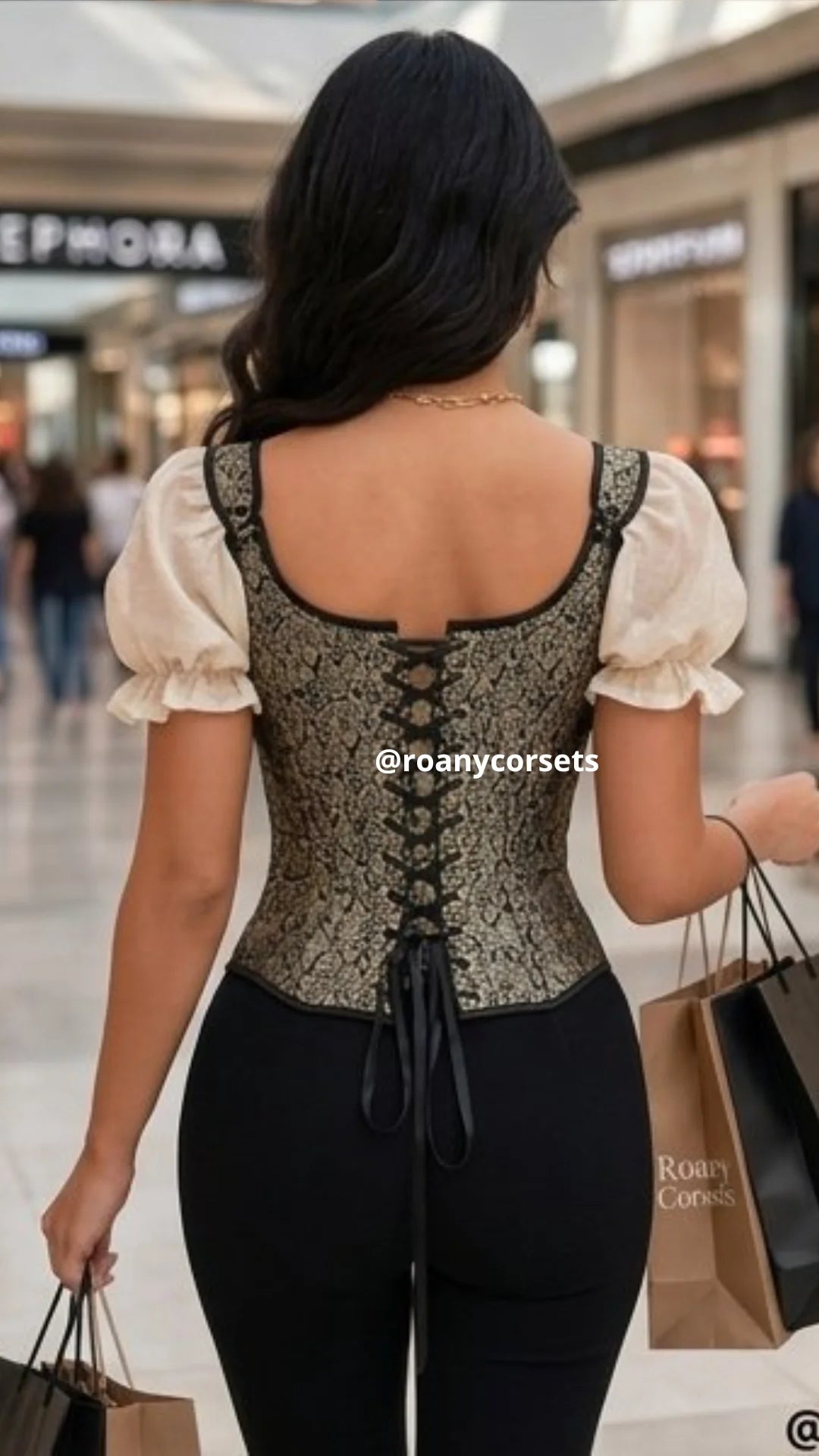 Corset Brocado Dorado y Negro con Lazos - Efecto Cintura | Roany Corsets