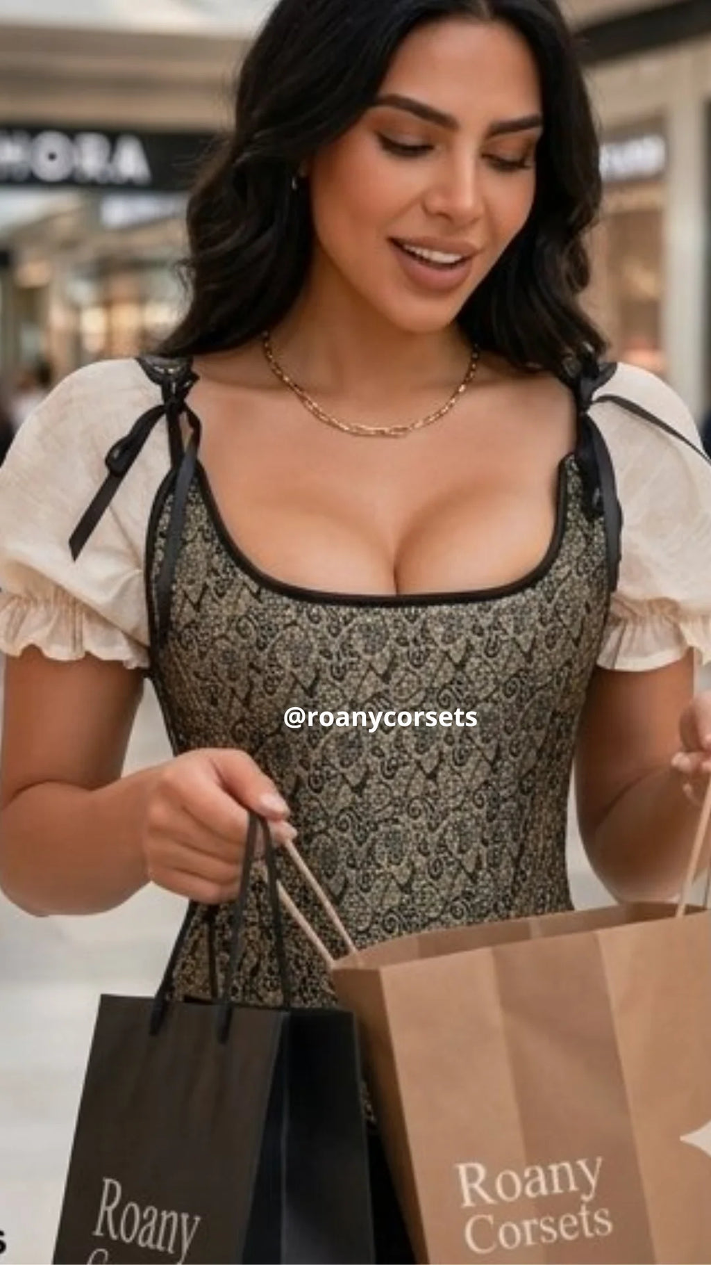 Corset Brocado Dorado y Negro con Lazos - Efecto Cintura | Roany Corsets