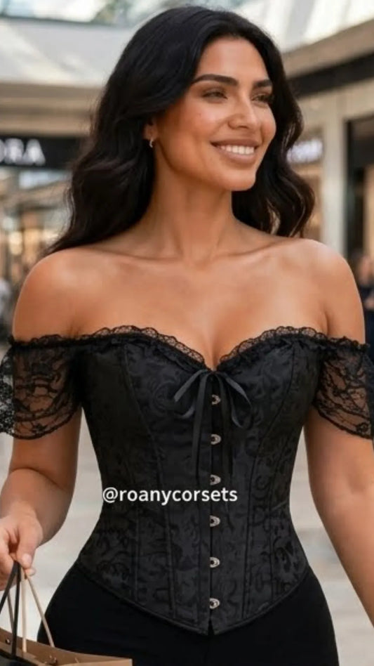 Corset Victoriano Reductor Off-Shoulder de Brocado con Mangas de Encaje Negro