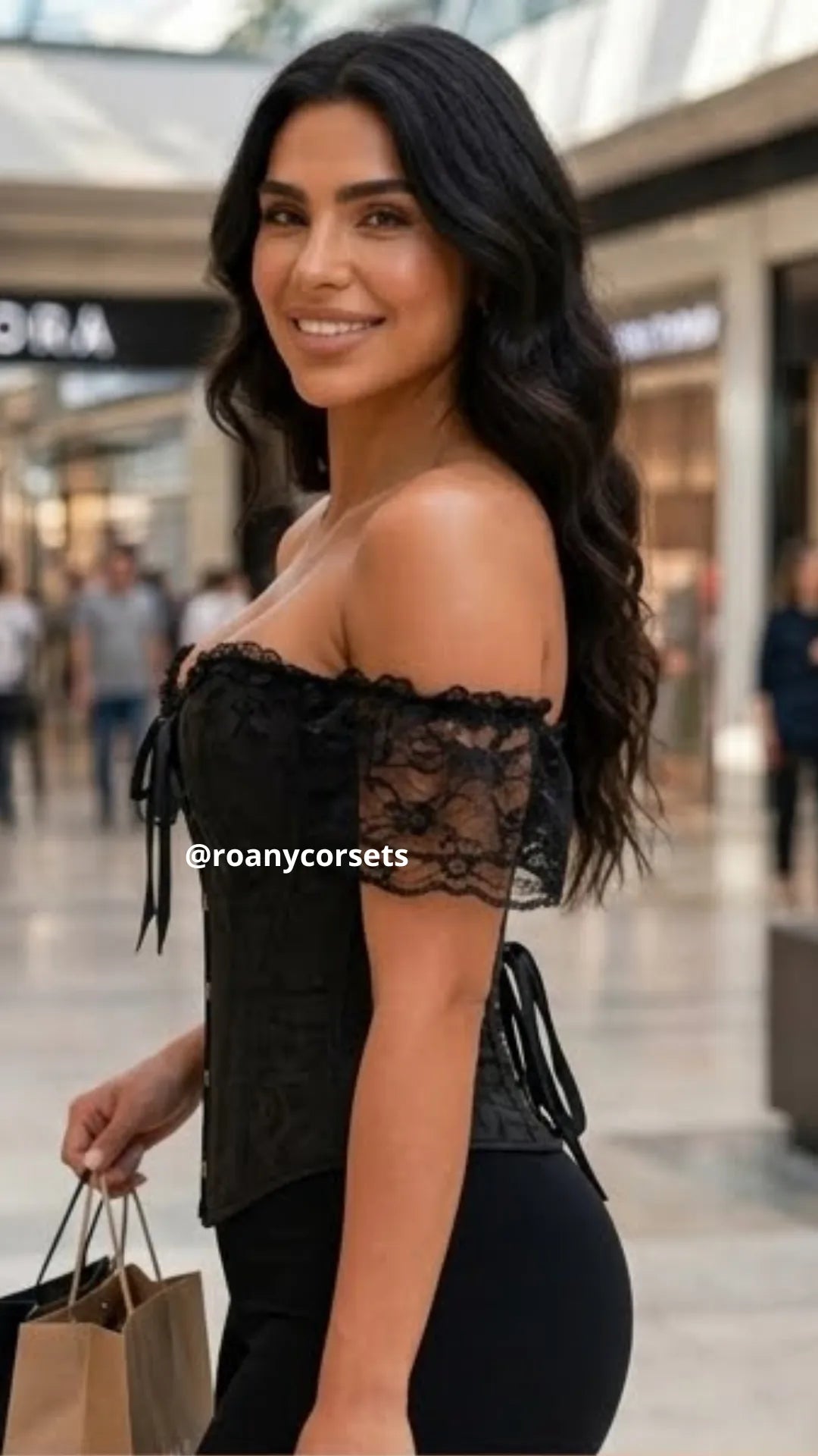 Corset Victoriano Reductor Off-Shoulder de Brocado con Mangas de Encaje Negro