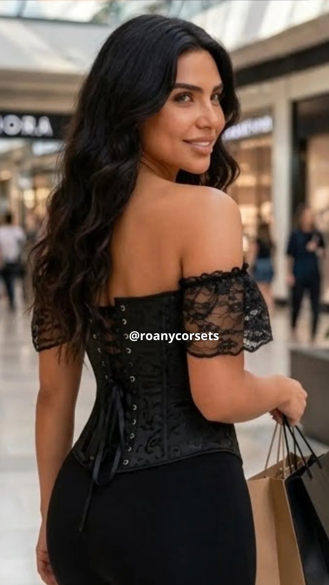 Corset Victoriano Reductor Off-Shoulder de Brocado con Mangas de Encaje Negro