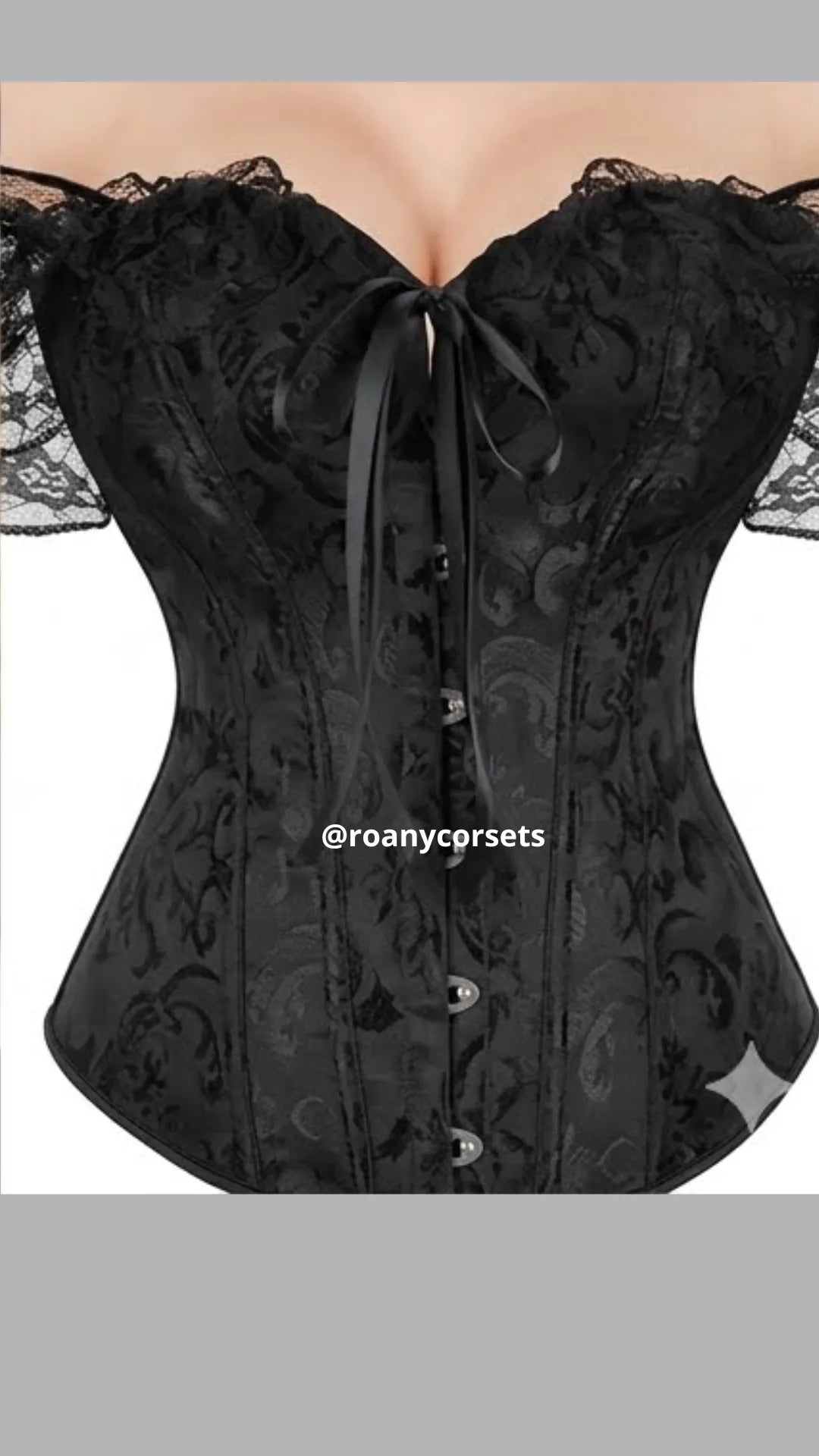 Corset Victoriano Reductor Off-Shoulder de Brocado con Mangas de Encaje Negro