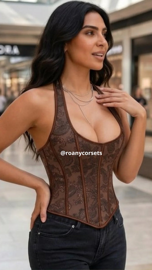 Corset Halter Marrón Paisley - Efecto Cintura | Roany Corsets