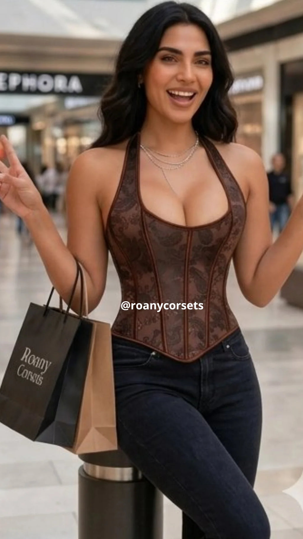 Corset Halter Marrón Paisley - Efecto Cintura | Roany Corsets