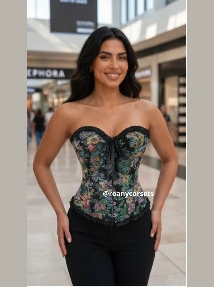 Corset Strapless Negro Botánico con Ribete
